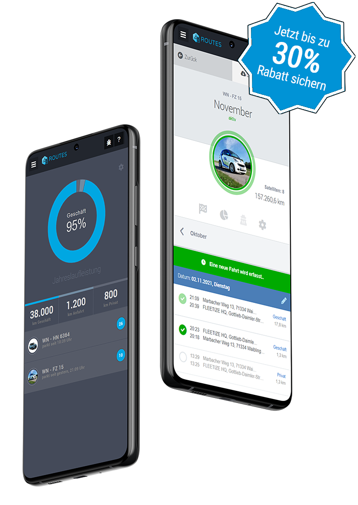 App-Hauptmen&uuml; des digitalen Fahrtenbuch auf einem Smartphone in gro&szlig;er Aufl&ouml;sung