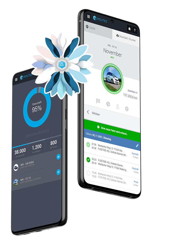 App-Hauptmenü des digitalen Fahrtenbuch auf einem Smartphone in großer Auflösung